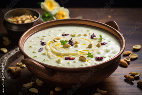 Indian sweet dessert basundi or rabri or rabdi in bowl. made from condensed milk and dry fruits.