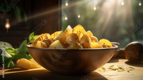  a close up of a bowl of potatoes on a table with a light shining through the window in the background.