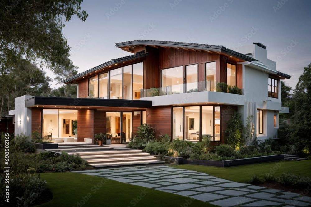 A modern eco friendly luxurious house with yard, exterior design