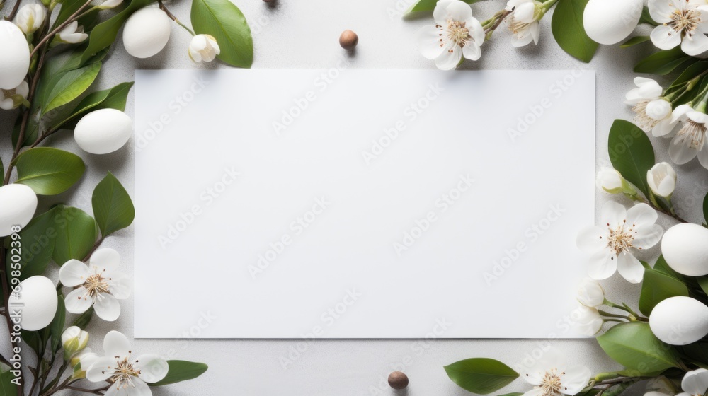  a white sheet of paper surrounded by white flowers and green leaves on a white background with space for a text.