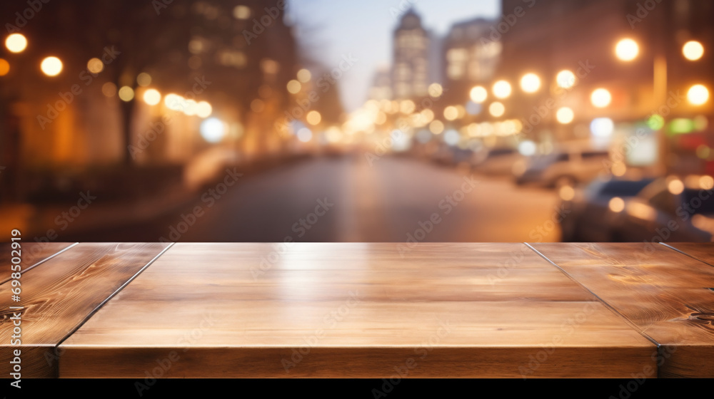 Empty Wooden Table in Front of Window with Bokeh Street