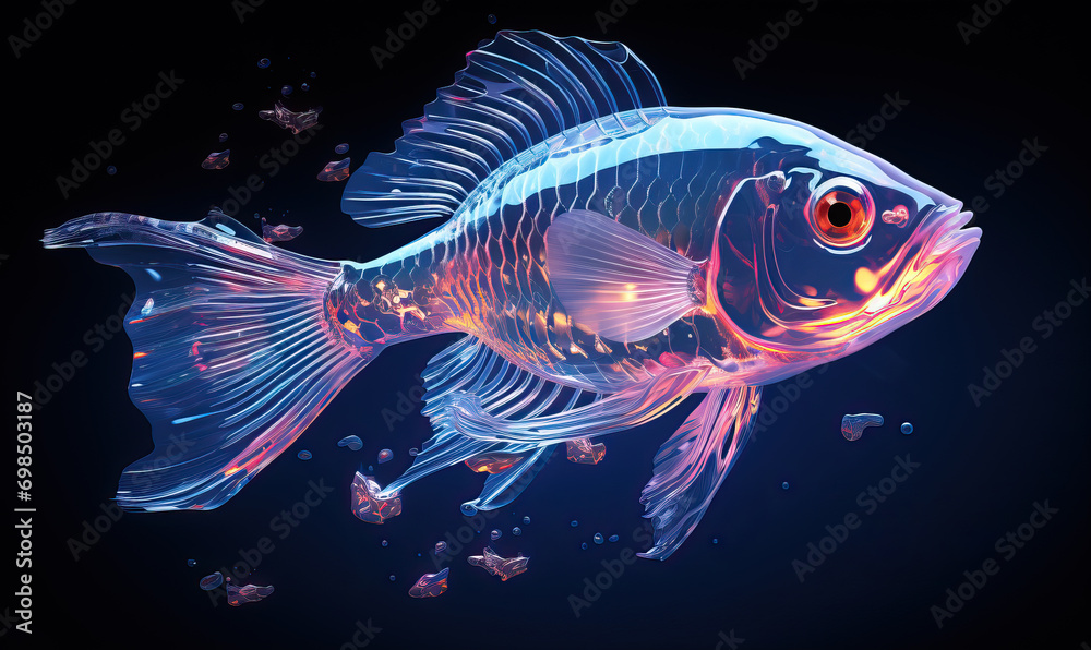 Colorful transparent fish on a dark background.