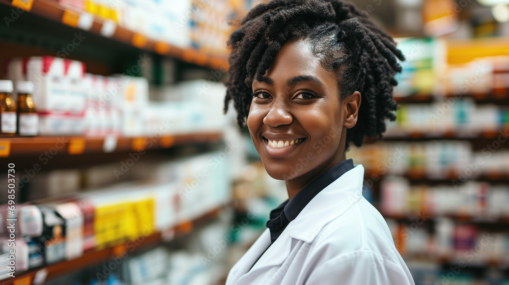 Smiling female pharmacist in drugstore store Generative AI Smiling female pharmacist in drugstore store Generative AI