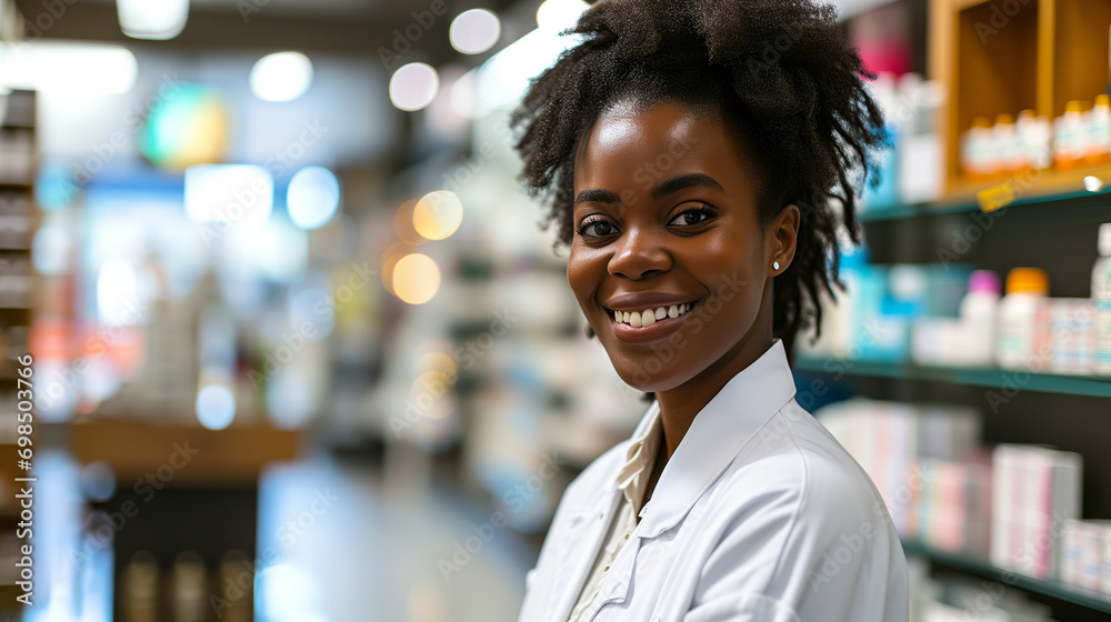 Smiling female pharmacist in drugstore store Generative AI Smiling female pharmacist in drugstore store Generative AI
