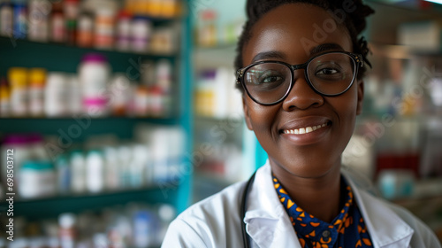 Smiling female pharmacist in drugstore store Generative AI 
