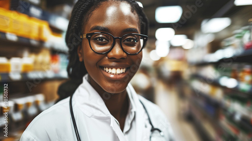 Smiling female pharmacist in drugstore store Generative AI 