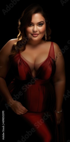 Young buxom beautiful sensual seductive woman in red open evening dress on dark background © Wendy2001