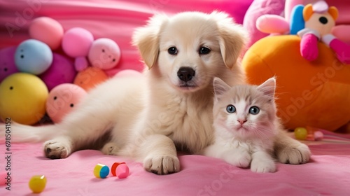 A fluffy white cat and a playful golden retriever puppy sitting side by side on a pink blanket, surrounded by colorful toys.