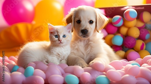 A fluffy white cat and a playful golden retriever puppy sitting side by side on a pink blanket, surrounded by colorful toys.