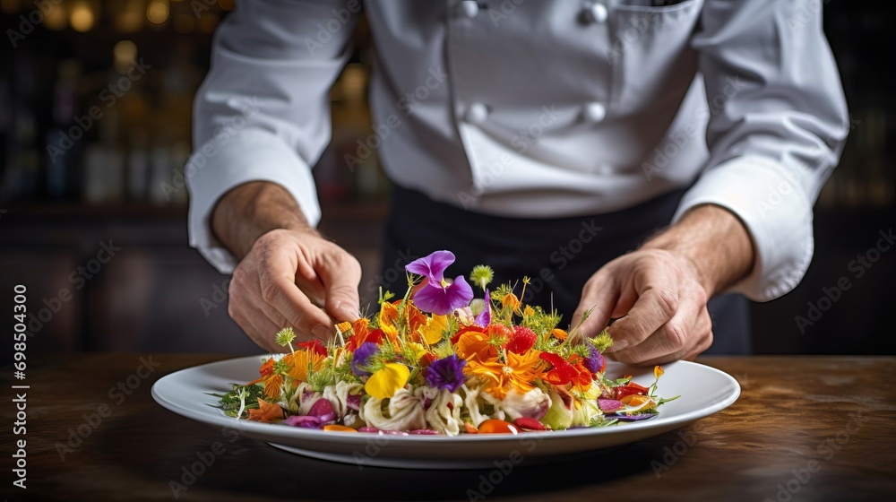 Close-up of beautifully decorated dish with fresh flowers in restaurant kitchen