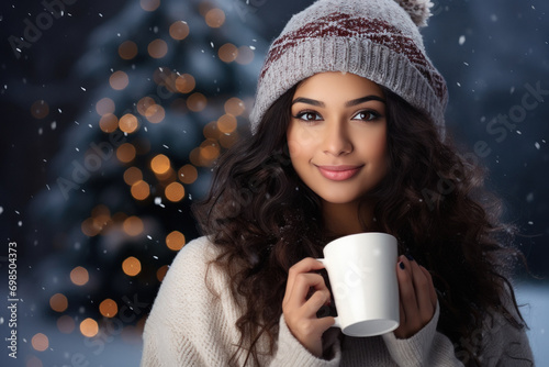 Beautiful indian woman holding mug while drinking te or coffee in cold season