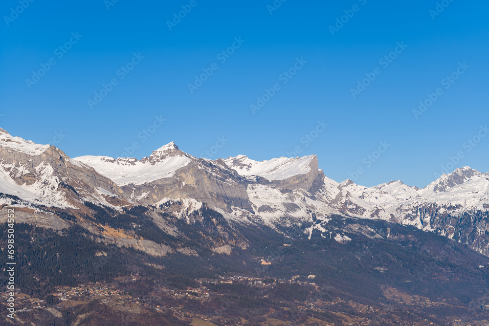 The panoramic view of the Chaine des Fiz in Europe, France, Rhone Alpes, Savoie, Alps, in winter, on a sunny day.
