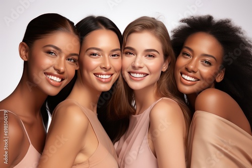 diverse, beautiful young women. on a plain background. darkskinned, white