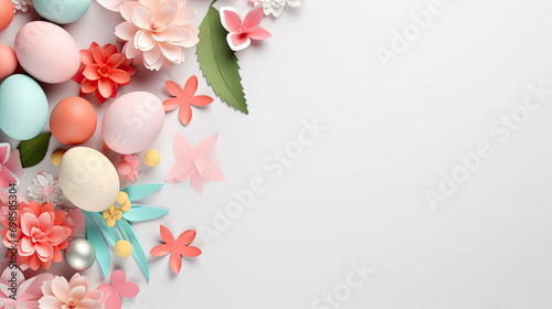 Many colorful eggs and flowers arranged on white background. for Easter  spring  farm  or food-themed designs and projects. Adds a vibrant and cheerful touch.Easter holiday card concept