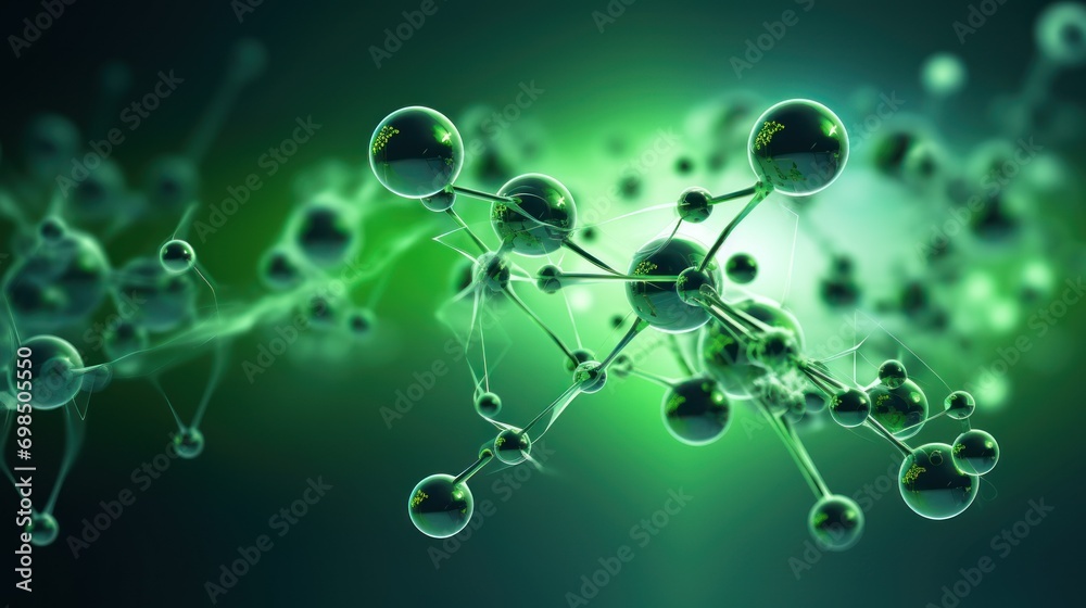  a close up of a green and black background with a bunch of balls in the center of the image and a line of spheres in the middle of the image.