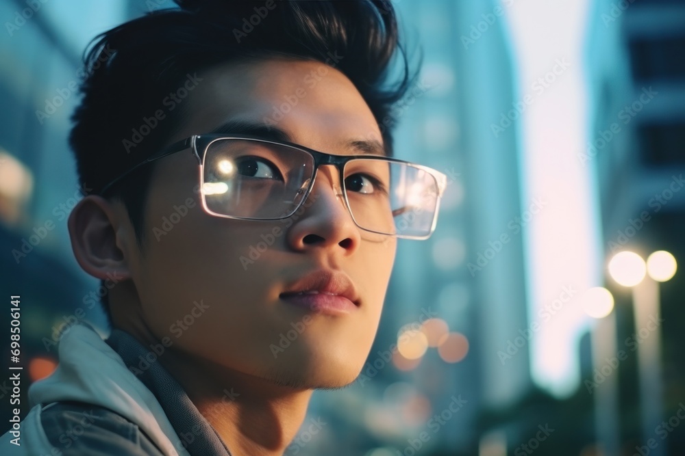 Asian man interacting with digital screen Looking at the holographic digital display, future technology and living in a big city. Asian man interacting with digital screen Looking at the holographic digital display, future technology and living in a big city.