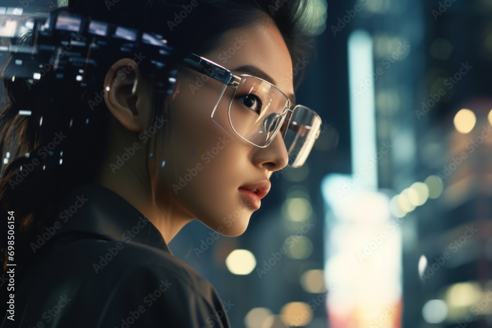 Young Asian woman interacts with digital screen Looking at the holographic digital display, future technology and living in a big city
