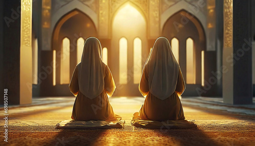 Muslim women praying to God in the mosque. 