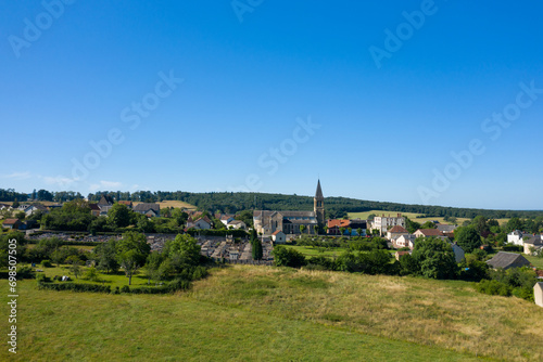 A traditional village old seaside resort in the middle of the countryside in Europe, France, Burgundy, Nievre, Saint-Honoré-les-Bains, towards Chateau Chinon, in summer on a sunny day.