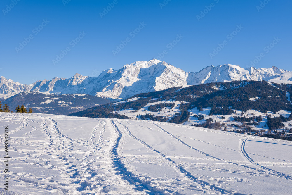 Paths in the Mont Blanc massif in Europe, France, Rhone Alpes, Savoie, Alps, in winter on a sunny day.