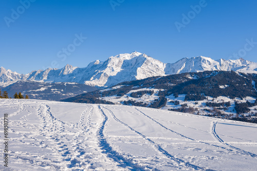 Paths in the Mont Blanc massif in Europe, France, Rhone Alpes, Savoie, Alps, in winter on a sunny day.