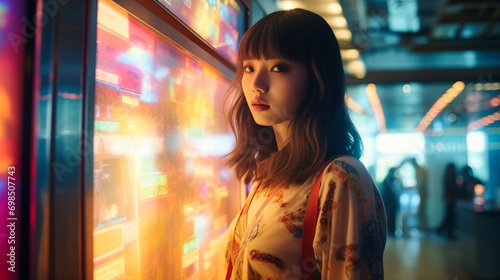 Portrait of a beautiful japanese woman standing in front of street vending machines game at night.