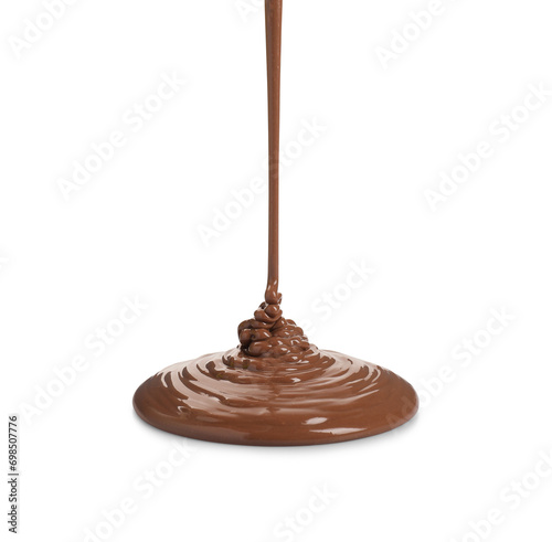 Pouring tasty melted milk chocolate isolated on white