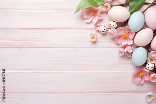 Many colorful eggs and flowers arranged on a pink wooden background. for Easter  spring  farm  or food-themed designs and projects. Adds a vibrant and cheerful touch.Easter holiday card concept 