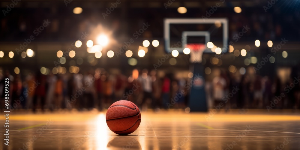 A basketball on a court with the spotlight and a cheering crowd in the background - obrazy, fototapety, plakaty 
