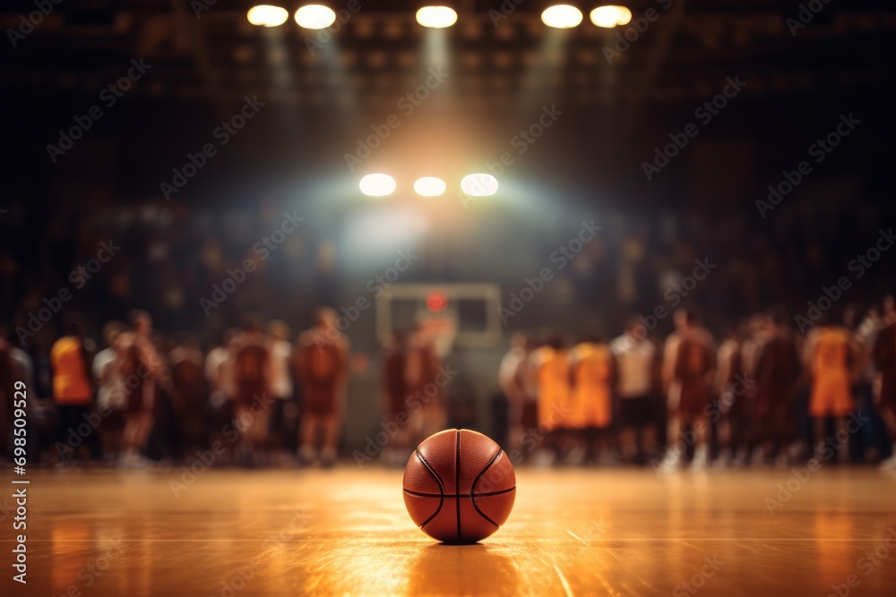 A basketball on a court with the spotlight and a cheering crowd in the background - obrazy, fototapety, plakaty 