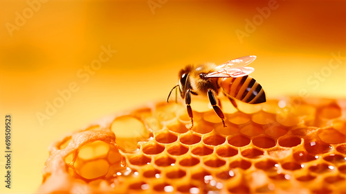 bee on a honeycomb with a yellow background. The bee's wings are shiny, and the honeycomb has many holes filled with honey