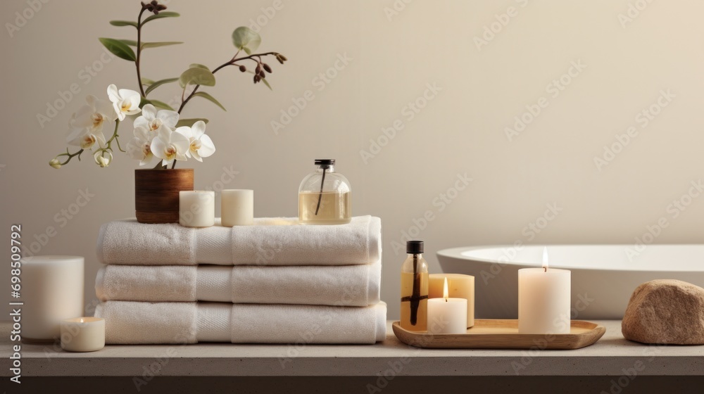 a pile of white towels sitting on top of a table next to candles and a vase with flowers in it. a pile of white towels sitting on top of a table next to candles and a vase with flowers in it.