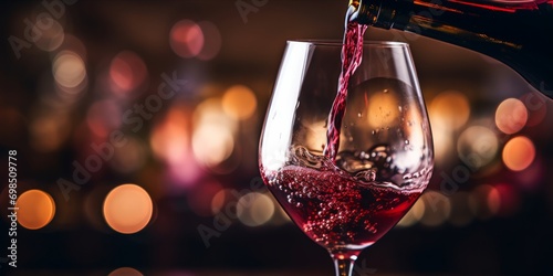 Pouring red wine into a glass against a bokeh light background