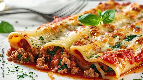 Cannelloni Pasta with Ricotta, Minced Beef, Spinach Isolated on White Background photo