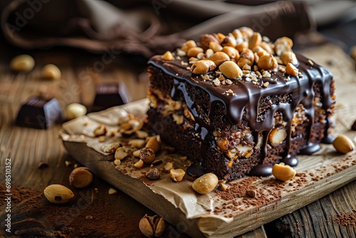 German chocolate cake. Nut brounie piece, Homemade square chocolate peanuts cake photo