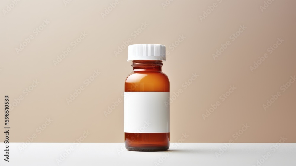 a brown medicine bottle with a white cap on a white table with a beige and beige wall in the background. a brown medicine bottle with a white cap on a white table with a beige and beige wall in the background.