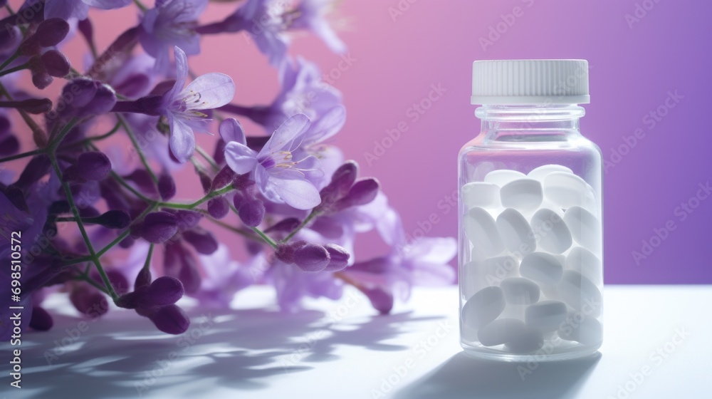 a glass bottle filled with white pills next to a bunch of purple flowers on a purple and white tablecloth. a glass bottle filled with white pills next to a bunch of purple flowers on a purple and white tablecloth.