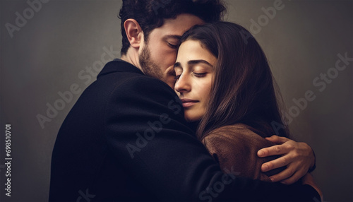Jewish Couple embracing each other. Romantic Jewish man in yarmulke gently holding and cuddle together of the woman . Woman hug. romance, Love and Flirt concept.