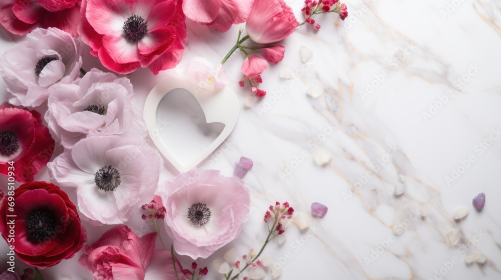 a white heart surrounded by pink and red flowers on a white marble surface with pink and red flowers surrounding it. a white heart surrounded by pink and red flowers on a white marble surface with pink and red flowers surrounding it.
