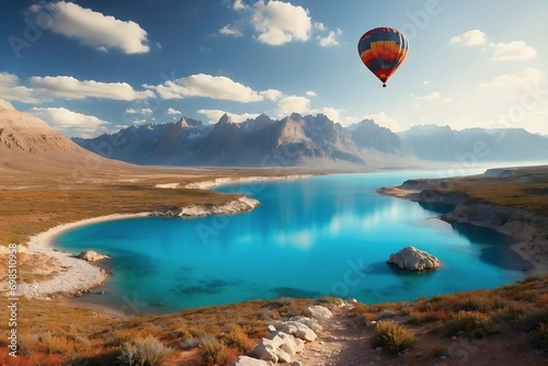 Hot air balloon flying above scenic lake and landscape, travel and adventure concept background
