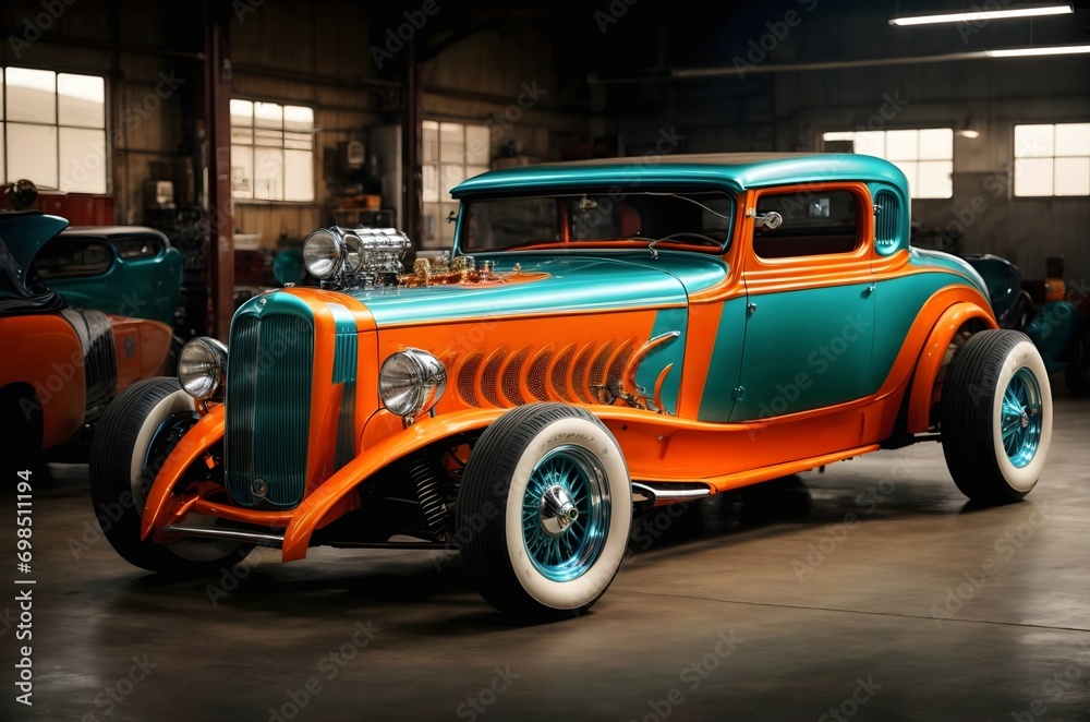 Beautiful hot rod vintage teal and orange car, automotive wallpaper, background, template