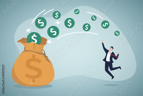 A big money bag attracts a lot of coins. Making money, return on investment concept.