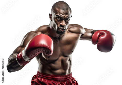 dynamic portrait of a male Afro-American boxer posing with gloves on transparent background © EOL STUDIOS