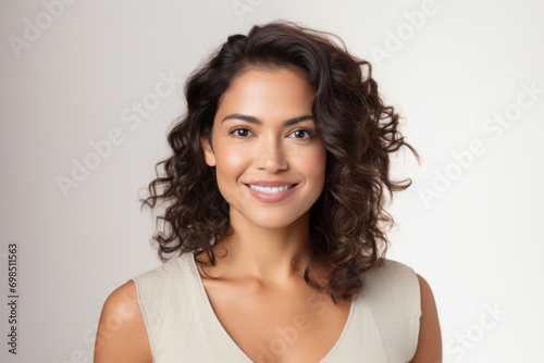 Beautiful young hispanic woman laughing isolated on white background
