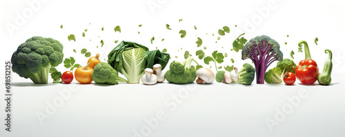 A variety of vegetables arranged horizontally in a line. Design elements with vegetables on a white background.