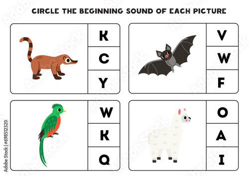 Worksheet for kids. Find the beginning sound of cute South American animals.