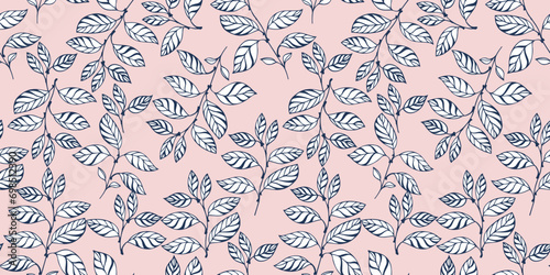 Creative art leaf stems seamless pattern on a pink background. Vector hand drawn.  Abstract tropical background with shape branches leaves. Design for textile, fashion, fabric