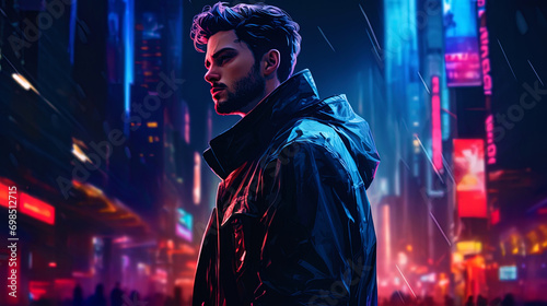 A male portrait with a dynamic background of the city landscape and neon