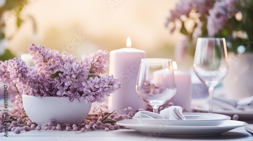  a close up of a table with a vase of flowers and a plate with a glass of wine on it.