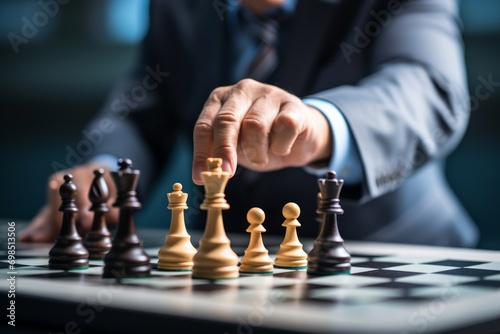 A person in a business suit making a move in a game of chess